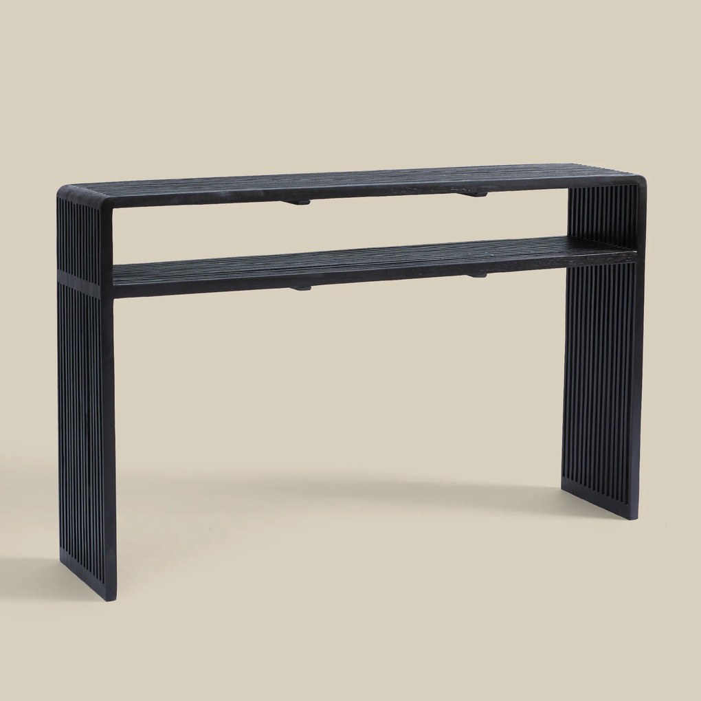 Wandtafel Zwarte Teak Latjes - 130 X 30cm.