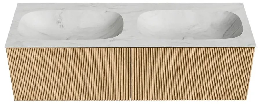 Mondiaz Kurve-dlux 140cm badmeubel oak met 2 lades en wastafel stor small dubbel zonder kraangat opalo