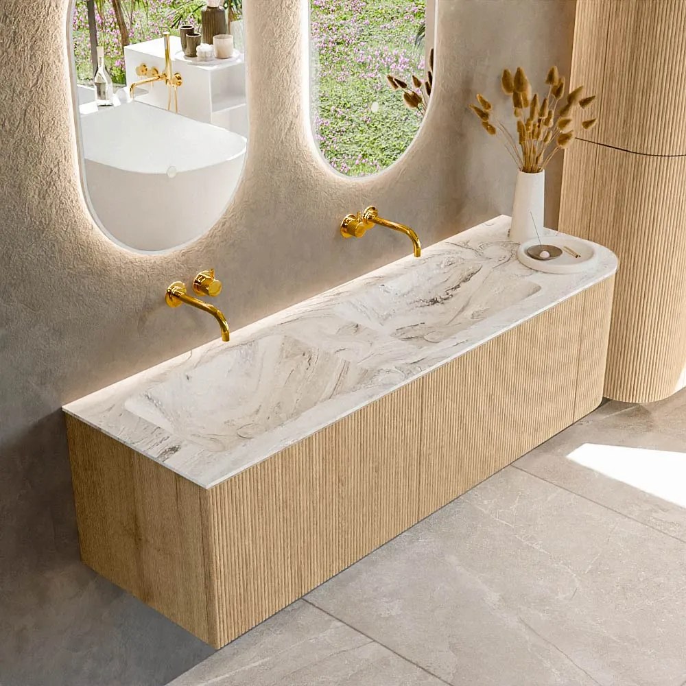 Mondiaz Kurve-dlux 155cm badmeubel ronding rechts oak met 2 lades en 1 deur en wastafel leaf dubbel/links zonder kraangat glace