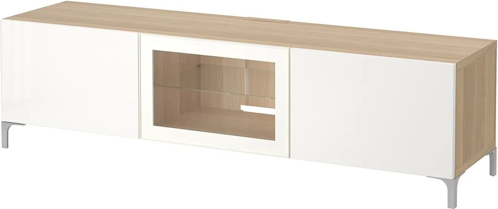 BESTÅ Tv-meubel met lades en deur wit gelazuurd eikeneffect/ hoogglans/wit helder glas