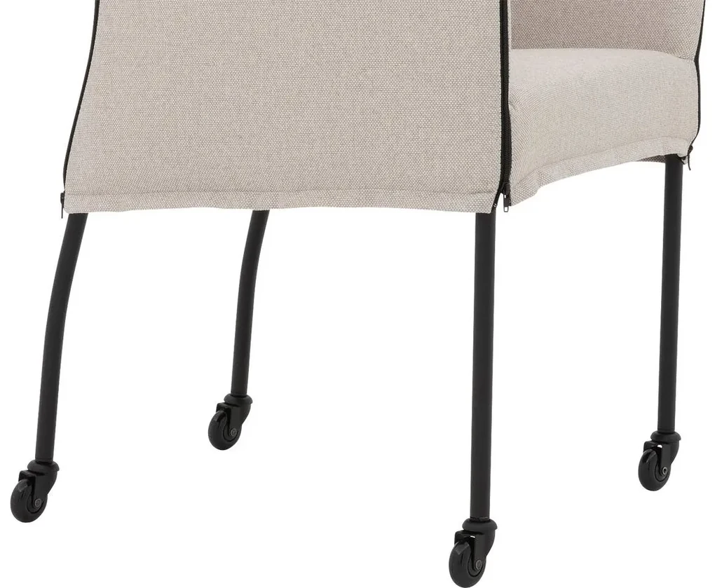 Goossens Eetkamerstoel Funk Zwarte Poten wit stof met armleuning en met wielenZwart skater wiel met zwarte kap, modern design