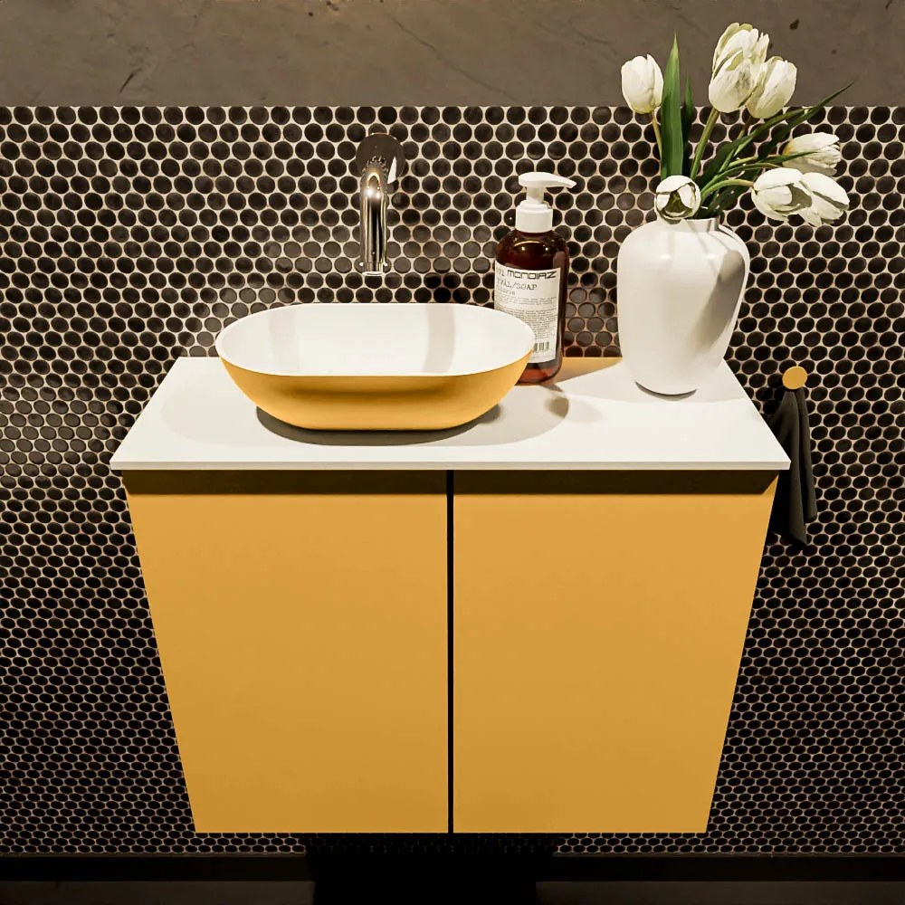 Mondiaz Fowy toiletmeubel 60cm ocher met gele waskom links zonder kraangat