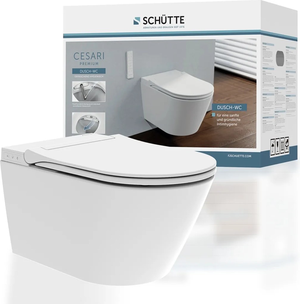 Schutte Cesari Premium randloze douche wc met Slim toiletzitting wit glans