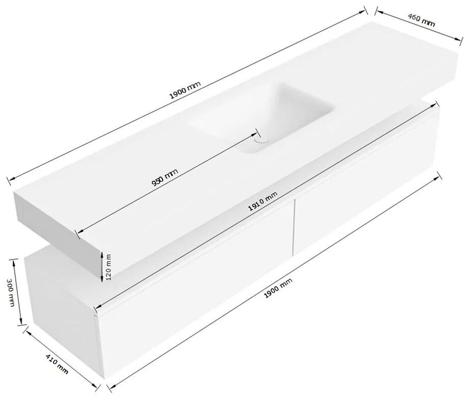 Zaro Alan badmeubel 190cm urban 2 lades met vrijhangende wastafel cloud midden 1 kraangat talc