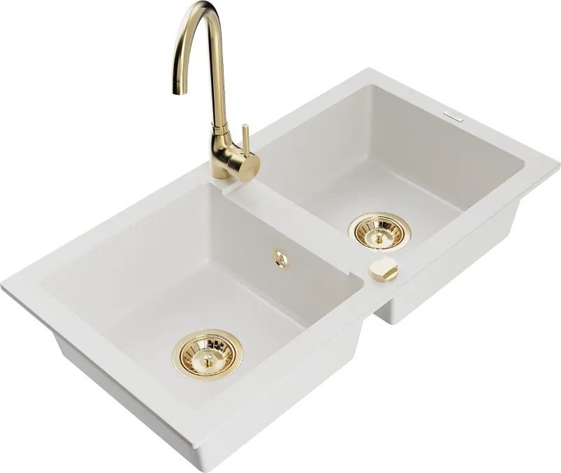 Mexen Mario granitische spoelbak met 2 kamers en keukenmengkraan Telma, wit - 6504-20-670200-50