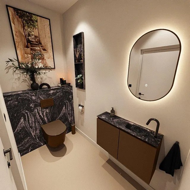 MONDIAZ TURE-DLUX 80cm toiletmeubel Rust. EDEN wastafel Lava positie rechts. Met 1 kraangat. TUREDX80RUSR1LAV