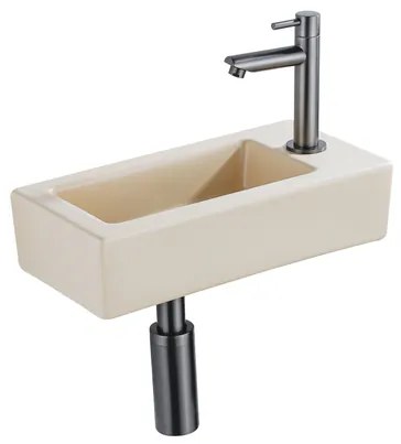 QeramiQ Fuente Fonteinset - 37.5x18.5x9cm - keramiek - kraangat rechts - fonteinkraan gunmetal - afvoerplug - verlaagd sifon - Mat Beige SW1122448/SW769487/SW767295/SW696239