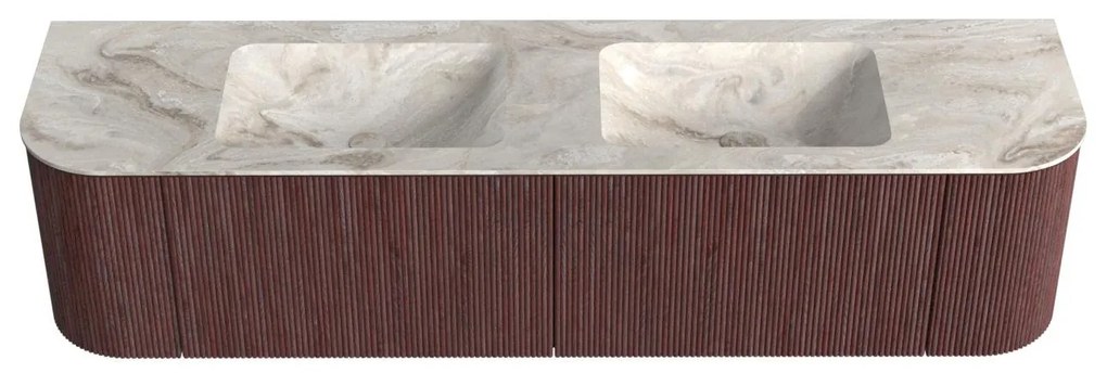 Mondiaz Kurve-dlux 180cm badmeubel ronding links/rechts ruby met 2 lades en deuren en wastafel leaf dubbel zonder kraangat frappe
