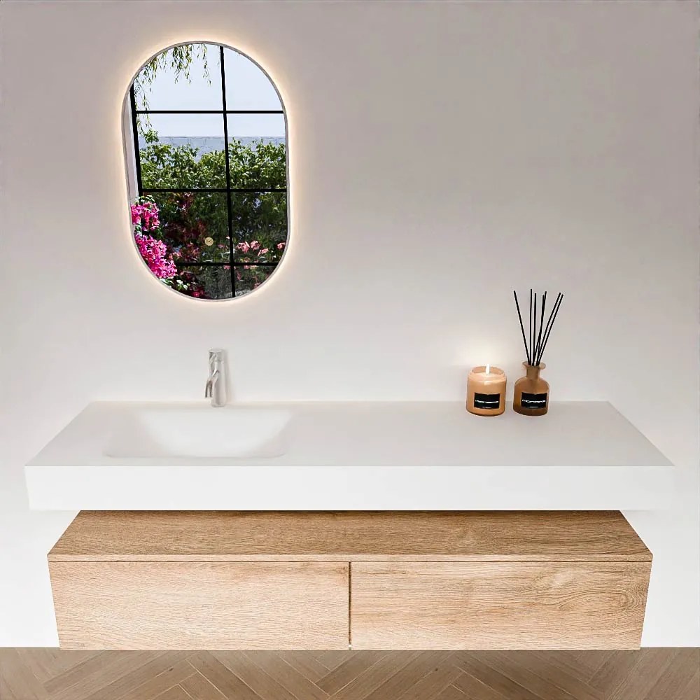 Zaro Alan badmeubel 160cm washed oak 2 lades met vrijhangende wastafel cloud links 1 kraangat talc