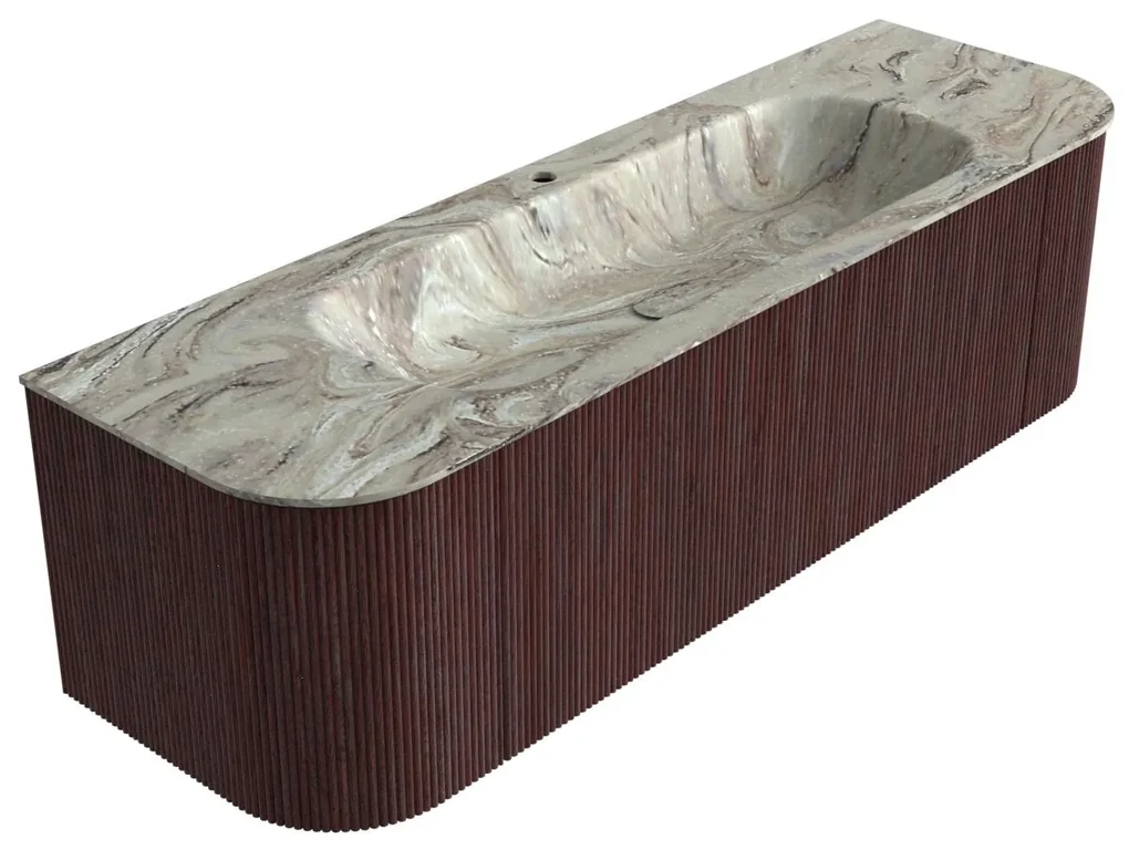 Mondiaz Kurve-dlux 150cm badmeubel ronding links/rechts ruby met 1 lade en 2 deuren en wastafel big medium midden 1 kraangat glace