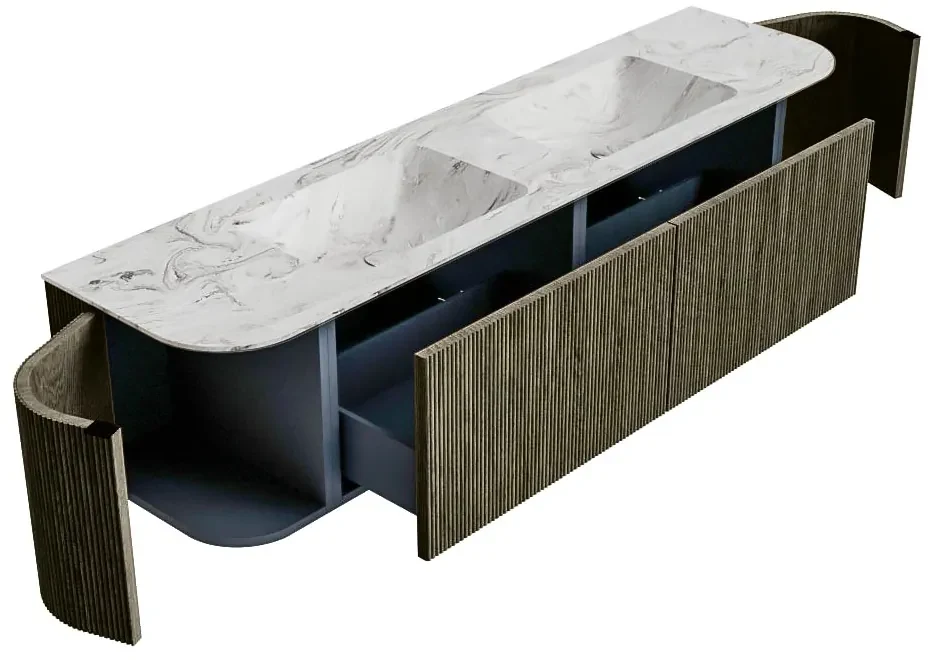 Mondiaz Kurve-dlux 180cm badmeubel ronding links/rechts shadow met 2 lades en deuren en wastafel leaf dubbel zonder kraangat glace