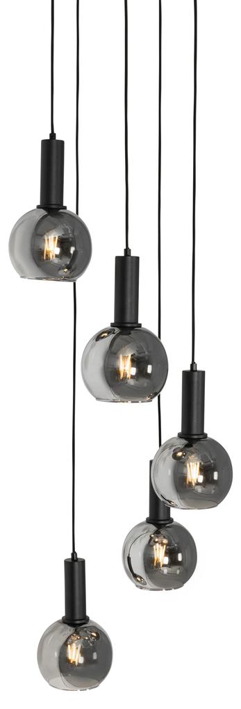 Art Deco hanglamp zwart met smoke glas rond 5-lichts - Josje Art Deco E27 Binnenverlichting Lamp