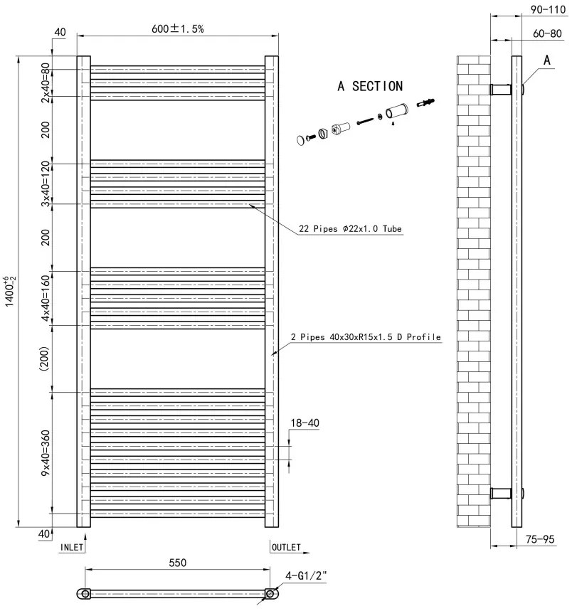 Eastbrook Wendover handdoekradiator 60x140cm 585W chroom