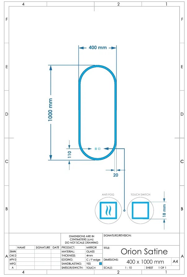 Gliss Design Orion toilet spiegel met LED-verlichting verticaal 40x100cm