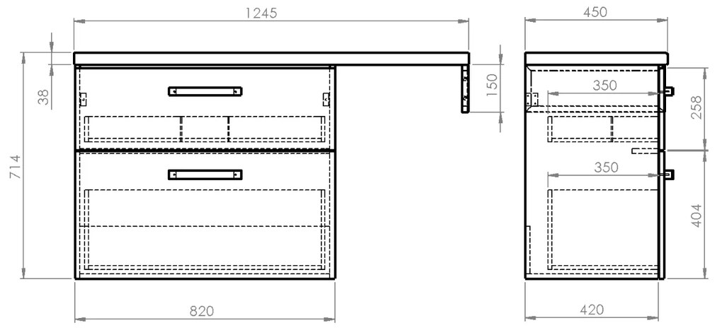 Aqualine Vega 124.5cm badkamermeubel met witte vierkante waskom rechts eiken