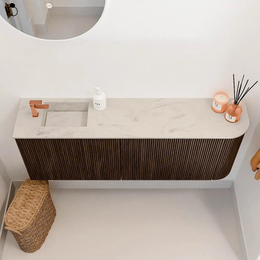 Mondiaz Joya DLux 110cm toiletmeubel ronding rechts walnut met wastafel faye links 1 kraangat opalo