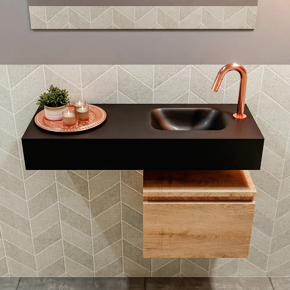 Mondiaz Andor toiletmeubel 40cm eiken met zwarte wastafel 80cm rechts met kraangat