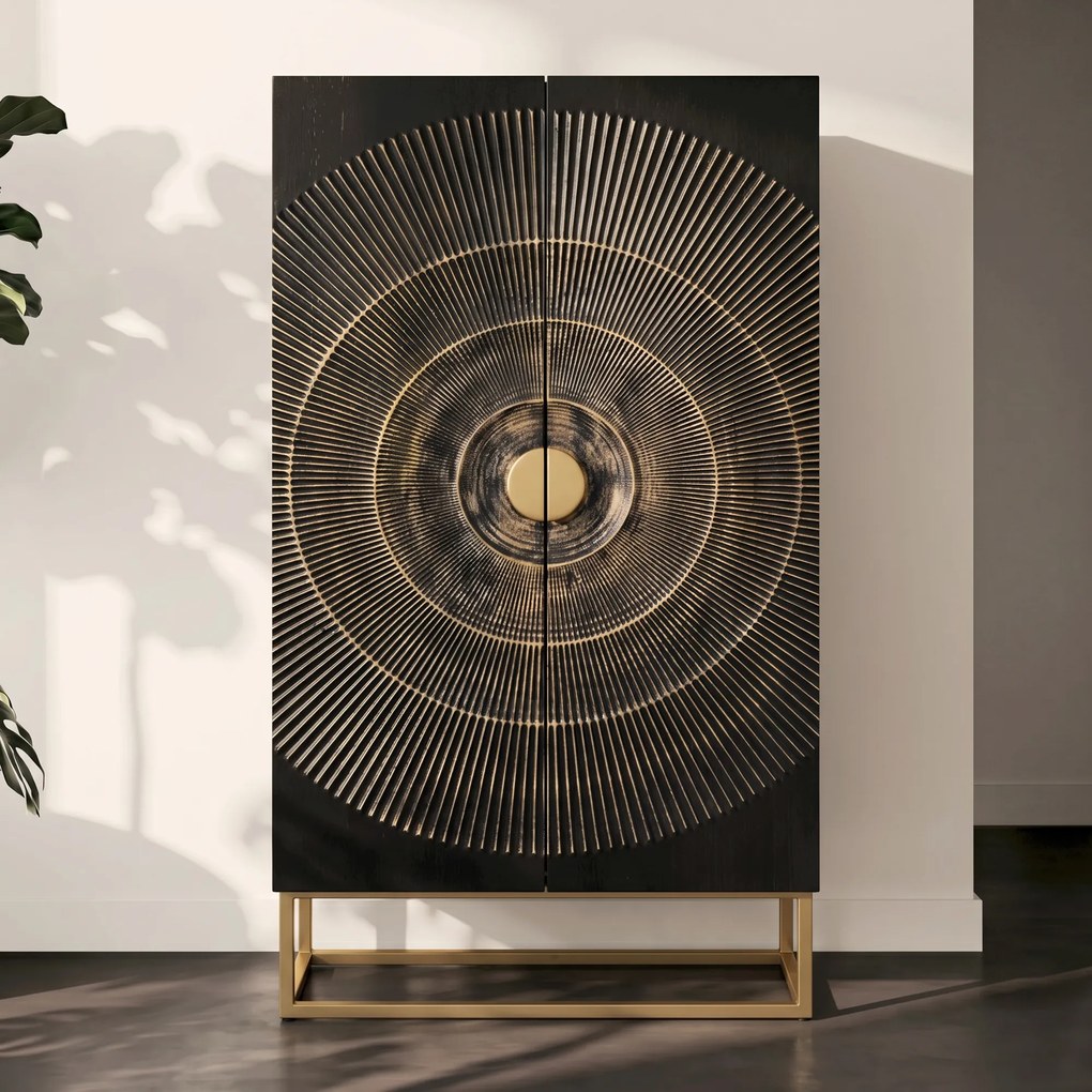 Unieke Kast Zwart Hout Met Goud - 76x30x140cm.