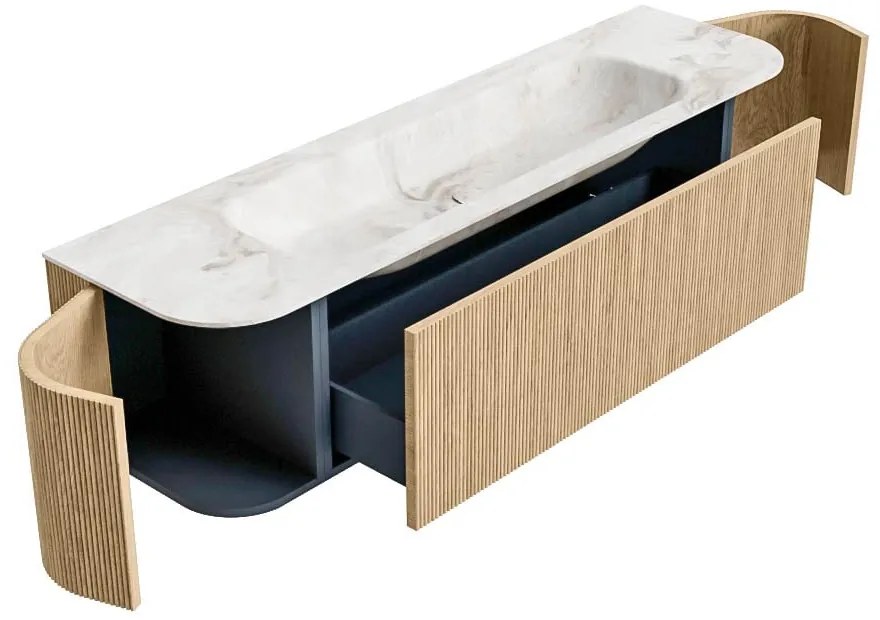 Mondiaz Kurve-dlux 170cm badmeubel ronding links/rechts oak met 1 lade en 2 deuren en wastafel big large midden 1 kraangat frappe