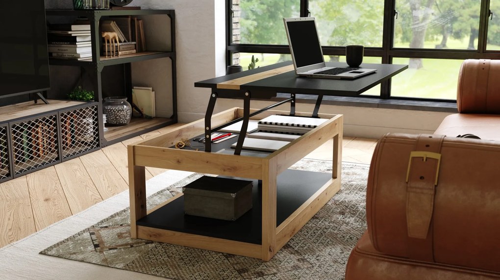 LUSSO Zwart Mat/Artisan Eik - MODERNE SALONTAFEL MET VERHOOGD BLAD + OPBERGRUIMTE + SCHAP (OP WIELEN!)