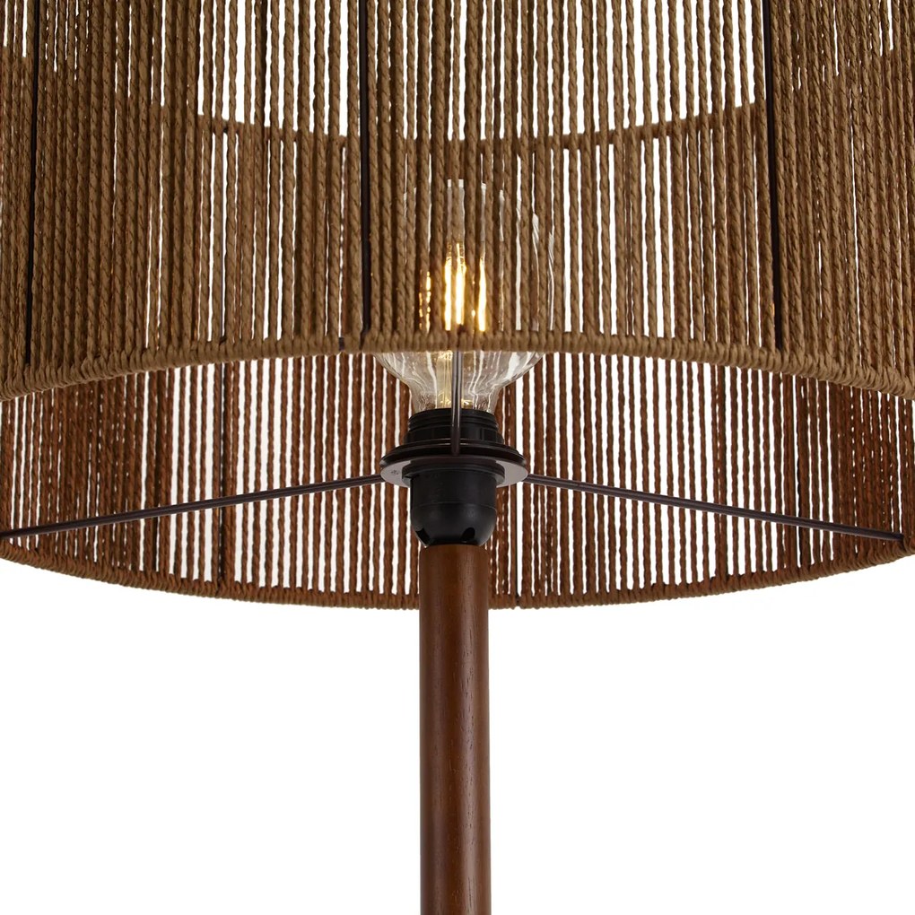 Vloerlamp walnoot hout met bruine papieren touw kap 50/50/25 - Mels