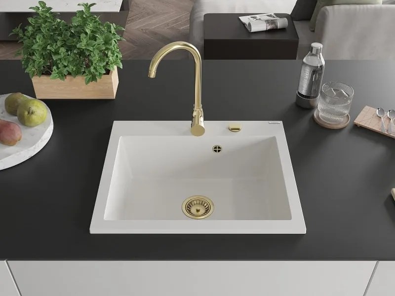 Mexen Elix granieten spoelbak 1-komorige 600 x 500 mm, wit, gouden sifon - 6525601005-20-G