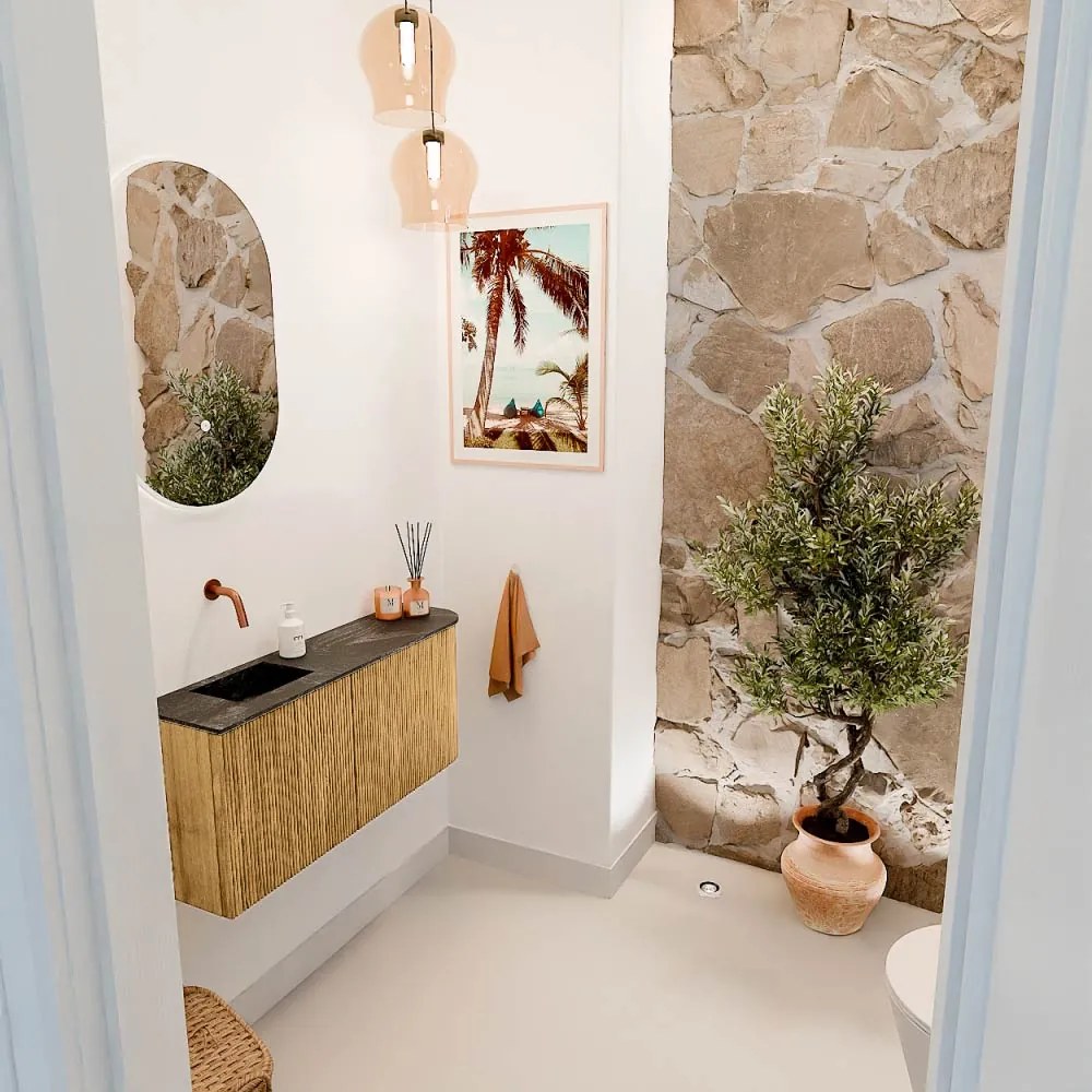 Mondiaz Joya DLux 90cm toiletmeubel ronding rechts oak met wastafel faye links zonder kraangat lava