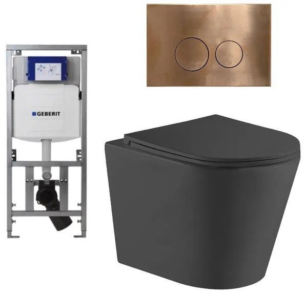 QeramiQ Dely Toiletset - 36.3x51.7cm - diepspoel - rimless - Geberit UP320 inbouwreservoir - met Burda frame - softclose toiletzitting - koperen bedieningsplaat - ronde knoppen - zwart mat SW1026253/0701131/SW706196/SW1000768