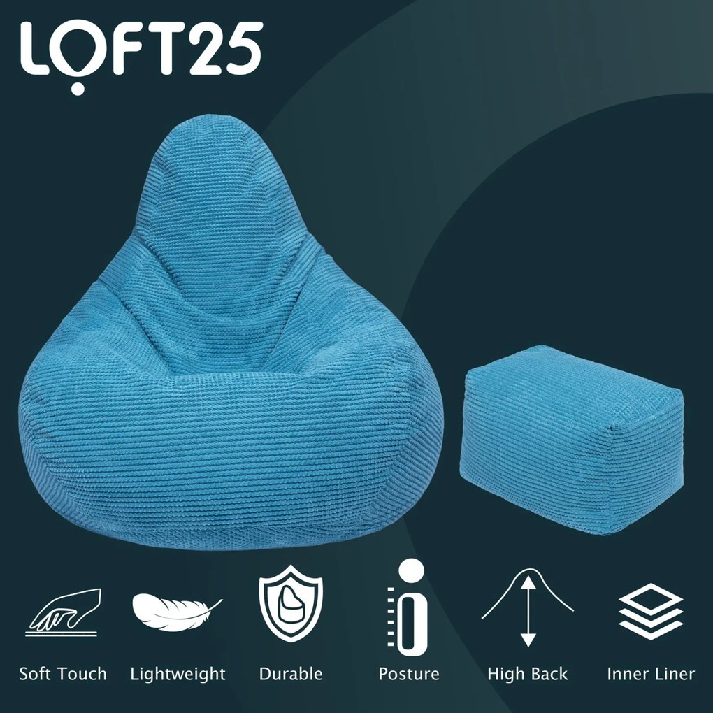 Highback Zitzak Stoel incl. Poef Corduroy Stof - Teal