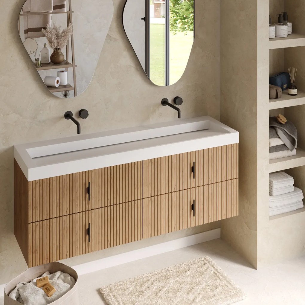 Muebles Estella badmeubel ribbelfront 160cm warm eiken met solid surface wastafel zonder kraangaten