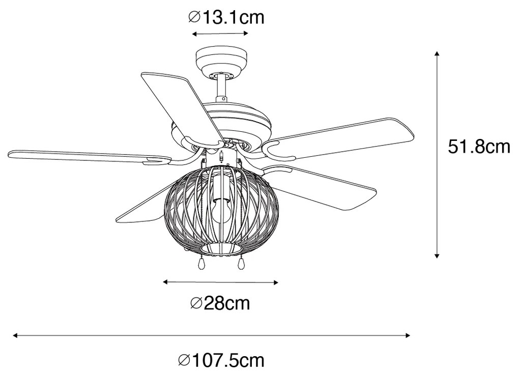 Plafondventilator met lamp zwart met hout print 107.5cm met trekschakelaar - Mistral Johanna Industriele / Industrie / Industrial E27 rond Binnenverlichting Lamp