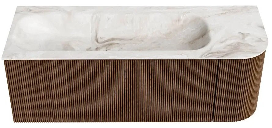 Mondiaz Kurve-dlux 125cm badmeubel ronding rechts walnut met 1 lade en deur en wastafel big medium links zonder kraangat frappe