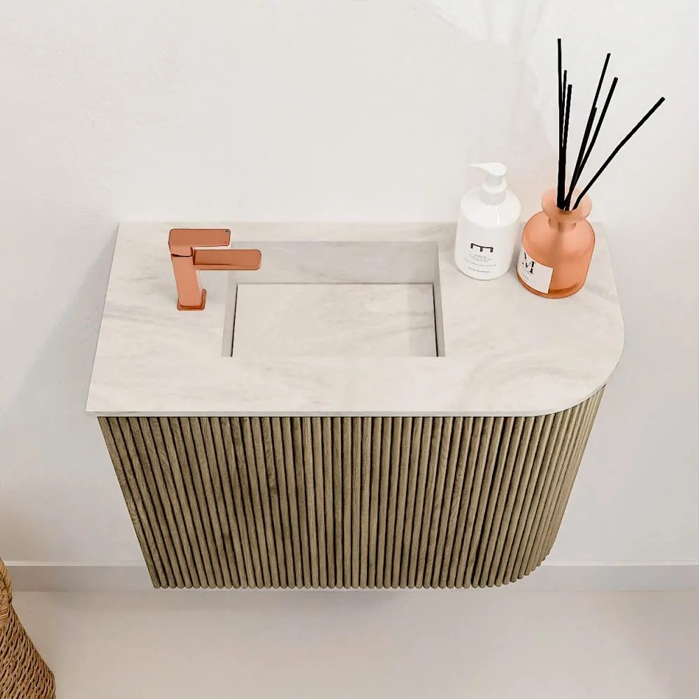 Mondiaz Joya DLux 50cm toiletmeubel ronding rechts dusk met wastafel faye links 1 kraangat ostra