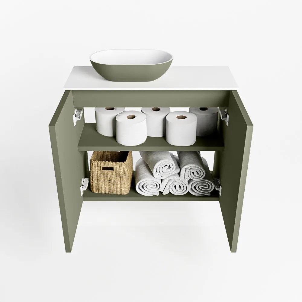 Mondiaz Fowy toiletmeubel 60cm army met legergroene waskom links en kraangat