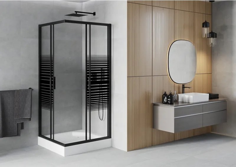 Mexen Rio vierkante douchecabine 90 x 90 cm, zwarte strepen, zwart + douchebak, wit - 860-090-090-70-20-4510