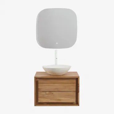 Jabari Teakhouten Badkamermeubelset Teakhout & Rond Cement Wit Ø40 Cm Zavion & Vierkant Led En Anticondens 75x75 Cm Riben & Wit ↑30 - Sklum