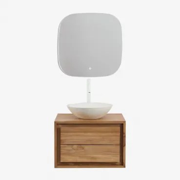 Jabari Zwevend Badkamermeubelset Van Teakhout Teakhout & Rond Cement Wit Ø40 Cm Zavion & Vierkant Led En Anticondens 75x75 Cm Riben & Wit - Sklum