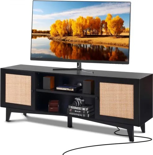 VEVOR Rotan TV-standaard voor 75-inch tv's, Boho TV-standaard met rotan deur, TV-meubel met ingebouwde stopcontact, Opbergkast met 2 planken, Moderne TV-console voor de woonkamer, Zwart