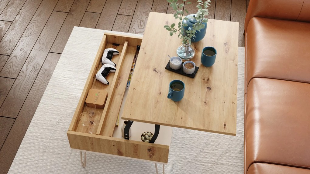 HAIRPIN S-90 Eik Artisan/Beige (Champagne) - MODERNE SALONTAFEL MET OPKLAPBAAR BLAD + OPBERGRUIMTE + PLANK