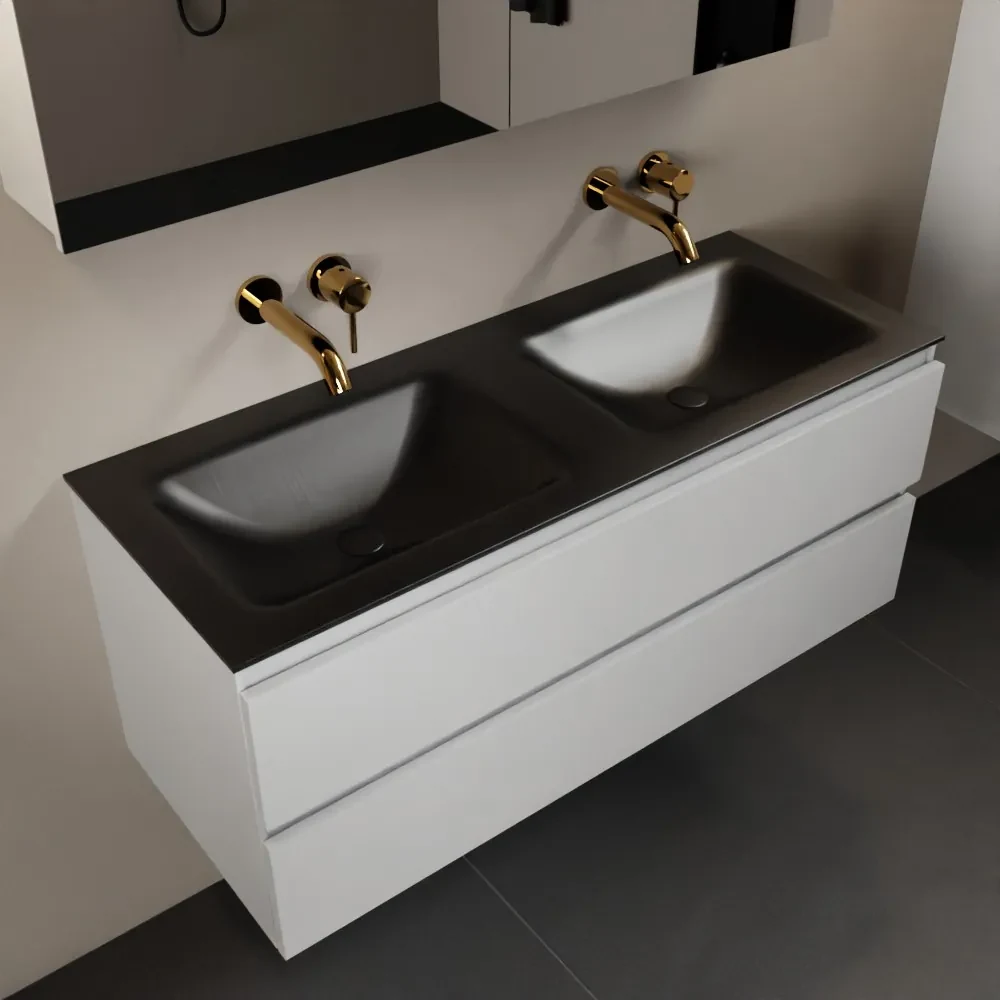 Mondiaz Aivy badmeubel 120cm talc met wastafel solid surface urban dubbel zonder kraangat en spiegelkast