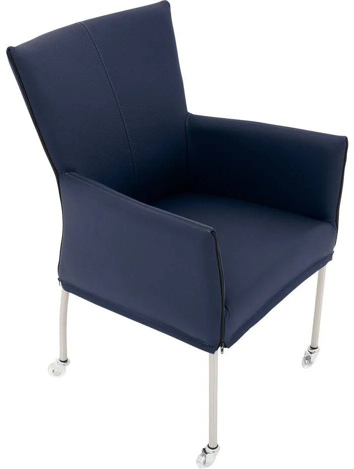 Goossens Eetkamerstoel Funk RVS Poten blauw leer met armleuning en Transparant skater wiel met rvs kapmet wielen, modern design