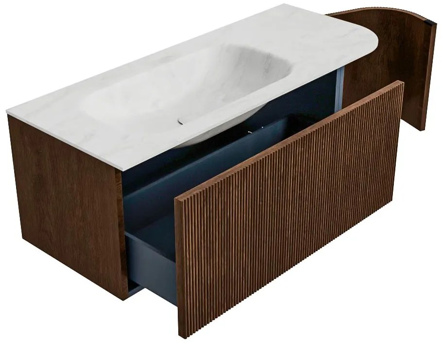Mondiaz Kurve-dlux 115cm badmeubel ronding rechts walnut met 1 lade en deur en wastafel big small links zonder kraangat opalo
