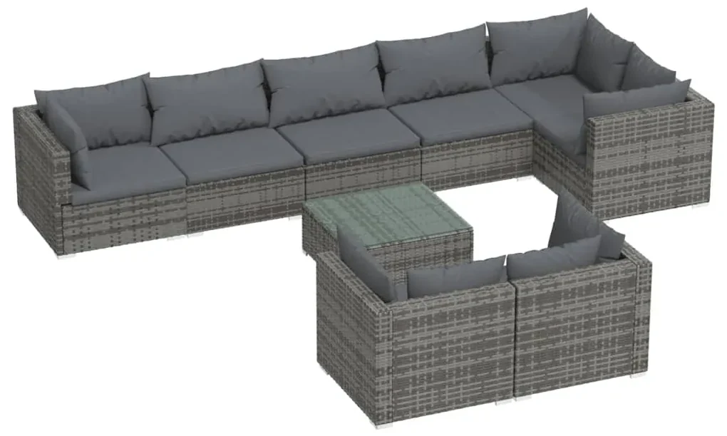 vidaXL 9-delige Loungeset met kussens poly rattan grijs
