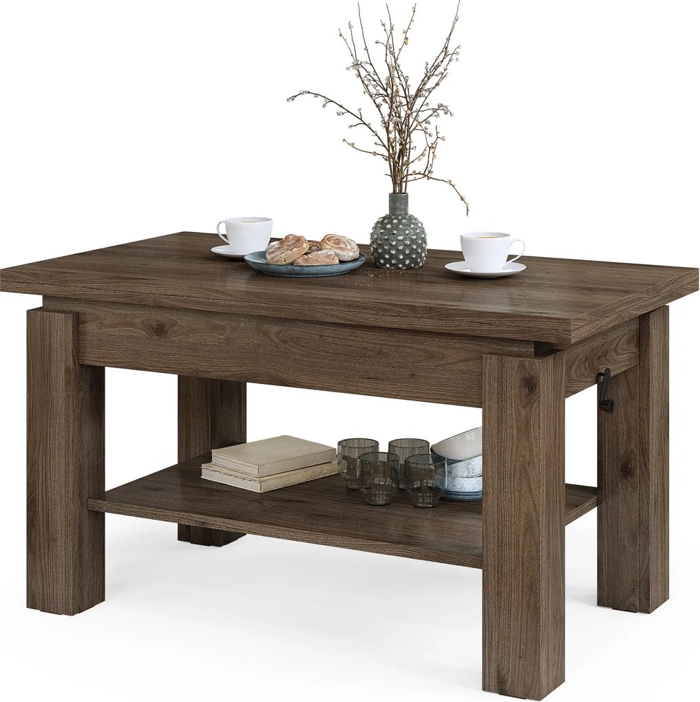 BRAVO elegant noten – uitschuifbare en in hoogte verstelbare salontafel, tafel met plank