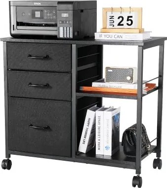 VEVOR Archiefkast met 3 stoffen laden, mobiele container met 2 open planken, opbergkast voor kantoorbenodigdheden, printerdocumenten (zwart, 75 x 40 x 68 cm)