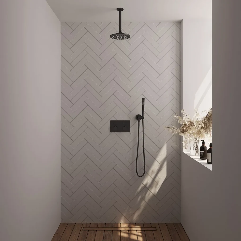 Brauer Black Edition thermostatische inbouw regendouche met staafhanddouche, plafondarm en hoofddouche 20cm set 53 zwart mat
