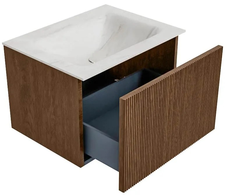 Mondiaz Kurve-dlux 60cm badmeubel walnut met 1 lade en wastafel cloud midden 1 kraangat ostra