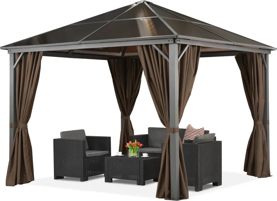 Milos tuinhuisje 3x3m met klamboe en bruine gordijnen Tuinpunt