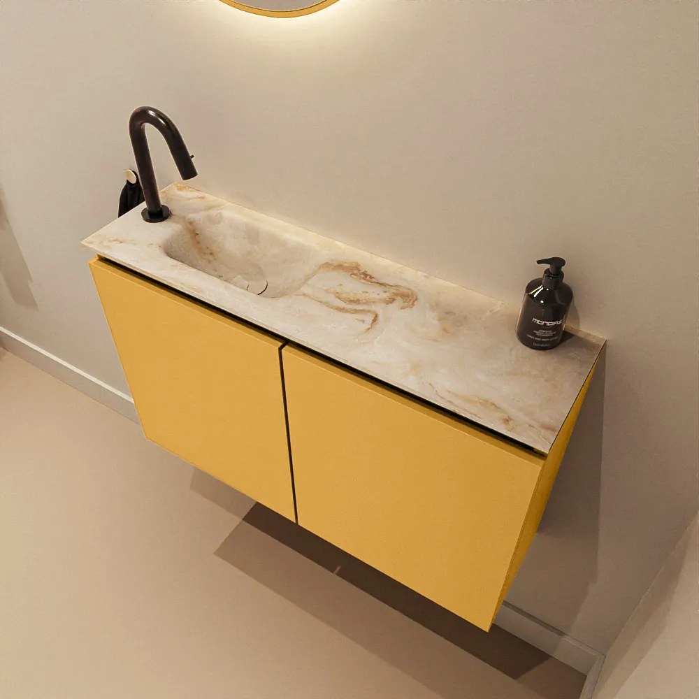 Mondiaz Ture DLux toiletmeubel 80cm ocher met wastafel frappe links met kraangat