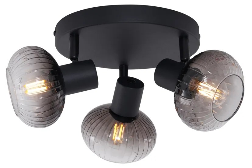 Moderne plafondSpot / Opbouwspot / Plafondspot zwart met smoke glas rond 3-lichts - Teddy Modern E14 Binnenverlichting Lamp